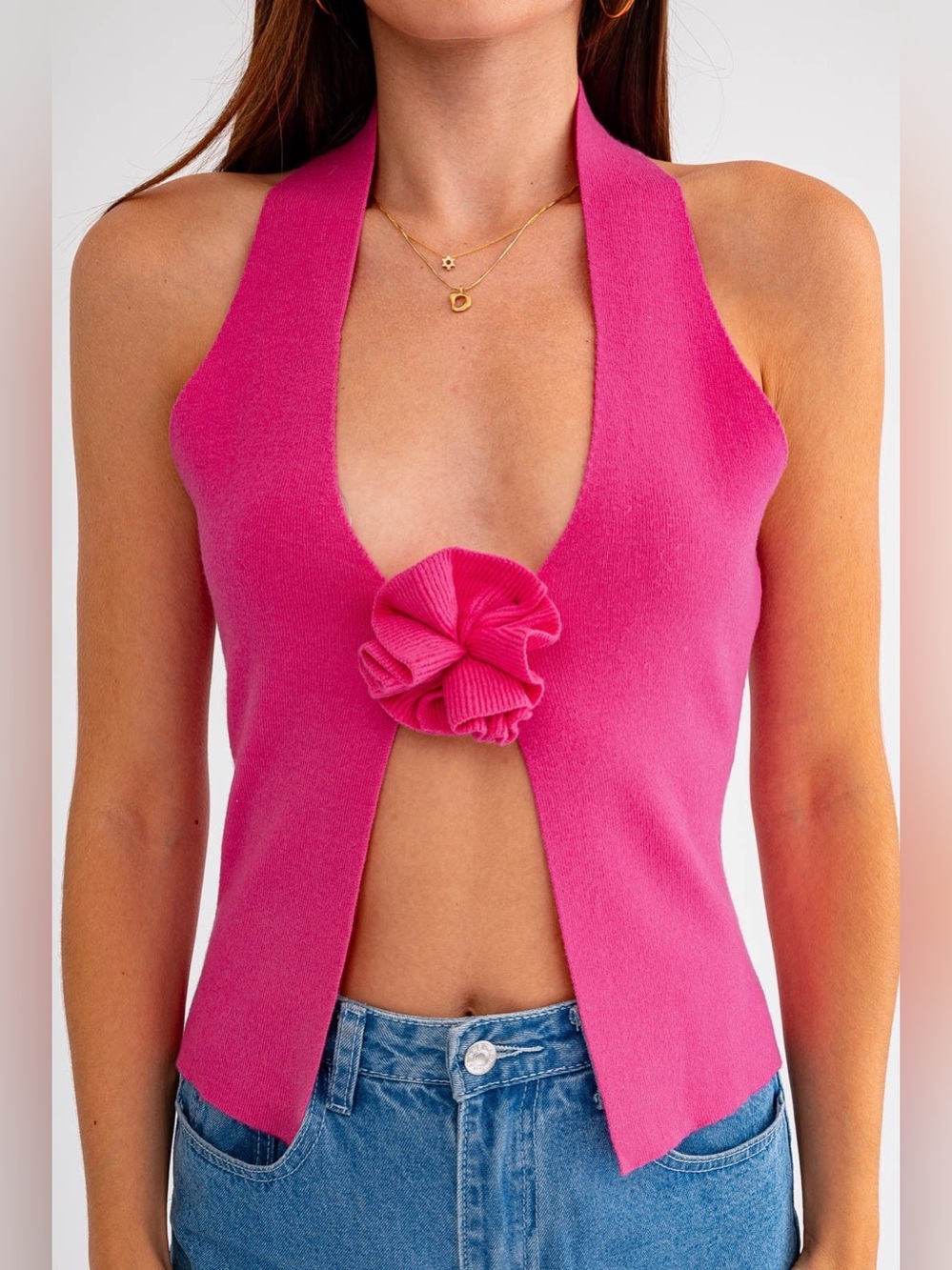 Le Lis pink knit halter crop top with rose detail